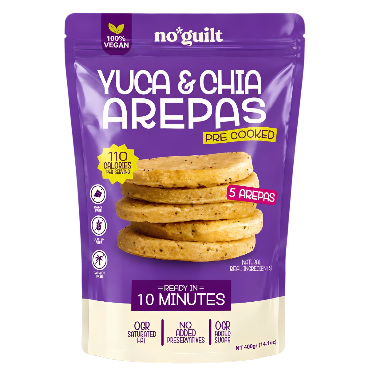Arepas de Yuca y Chia Pre-cocidas l 5 arepas l No*Guilt